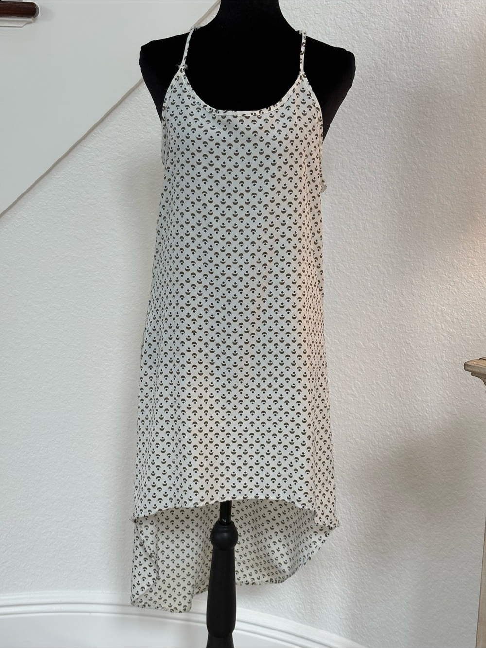 Peppermint Cream Slip Dress with Black Micro-Print High-Low Hem
